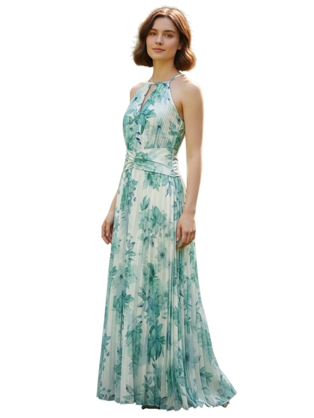 Julia & Anne Halter Maxi Dress SZ S Pleated Green Floral Wedding Guest NWOT